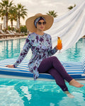 BURKINI FEMME VIOLET IMPRIMÉ FLORAL 3 PIÈCES AVEC BONNET - La Sprezzatura pyjamas