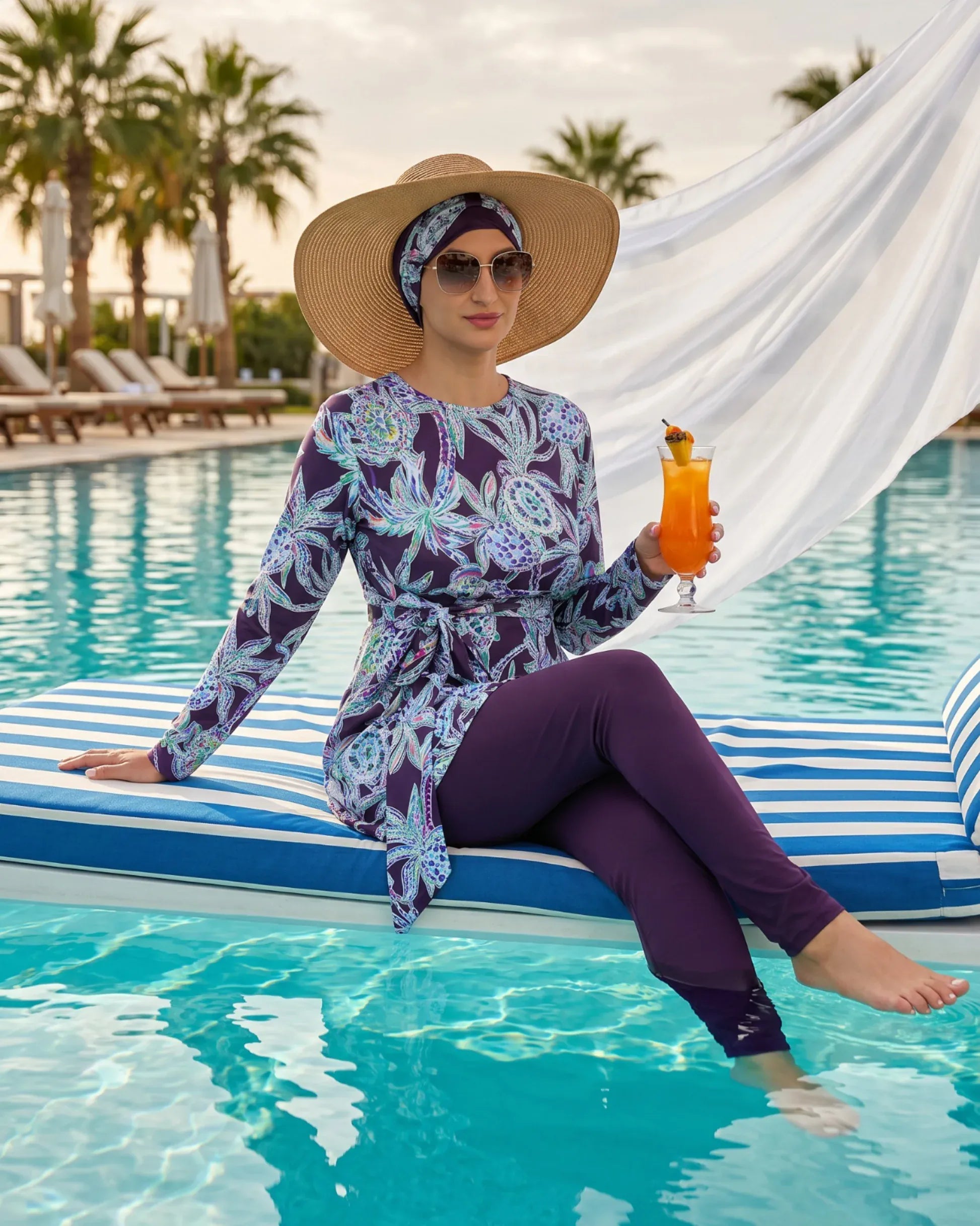 BURKINI FEMME VIOLET IMPRIMÉ FLORAL 3 PIÈCES AVEC BONNET - La Sprezzatura pyjamas