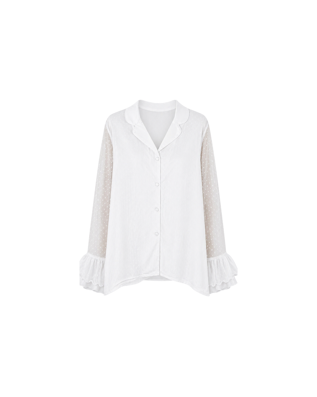 Pyjama Satin Blanc 2 Pièces — Chemise Transparente & Pantalon Volants