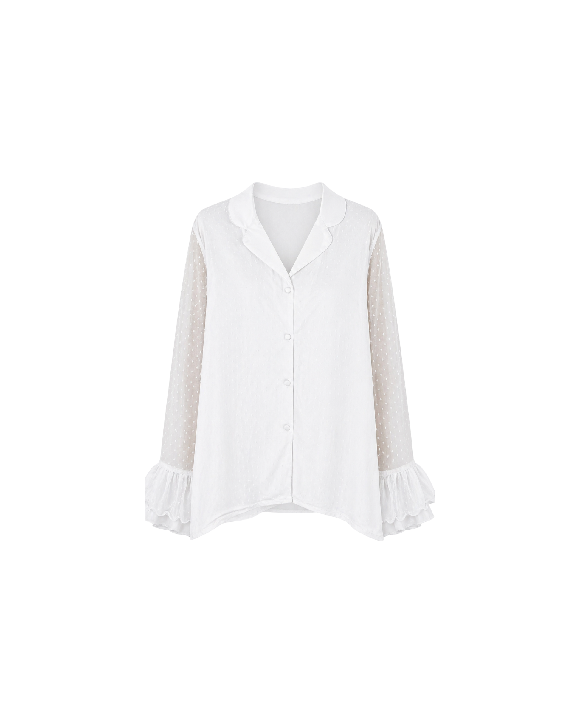 Pyjama Satin Blanc 2 Pièces — Chemise Transparente & Pantalon Volants