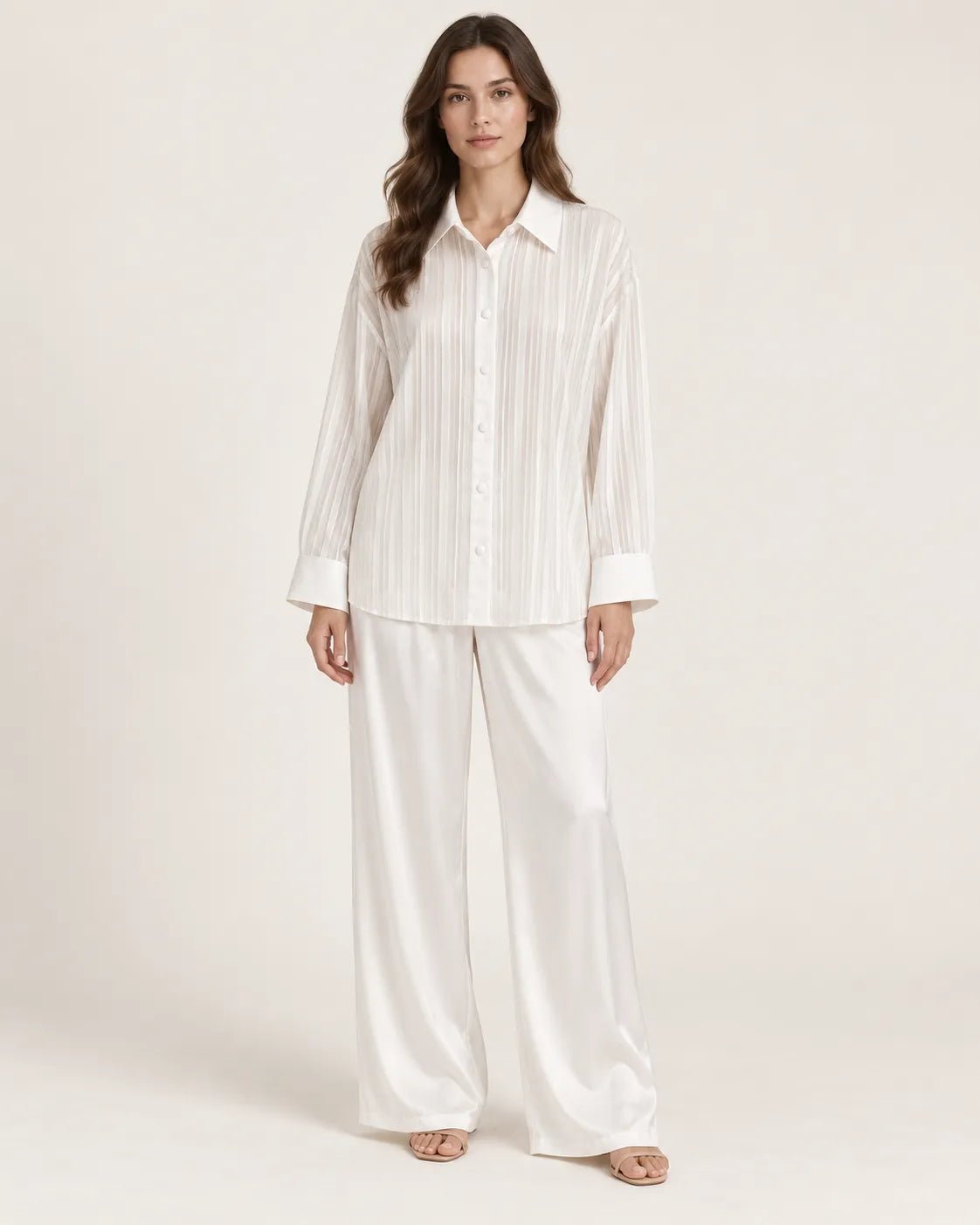 Pyjama Femme Blanc Satin – Chemise Oversize & Pantalon Large - La Sprezzatura pyjamas