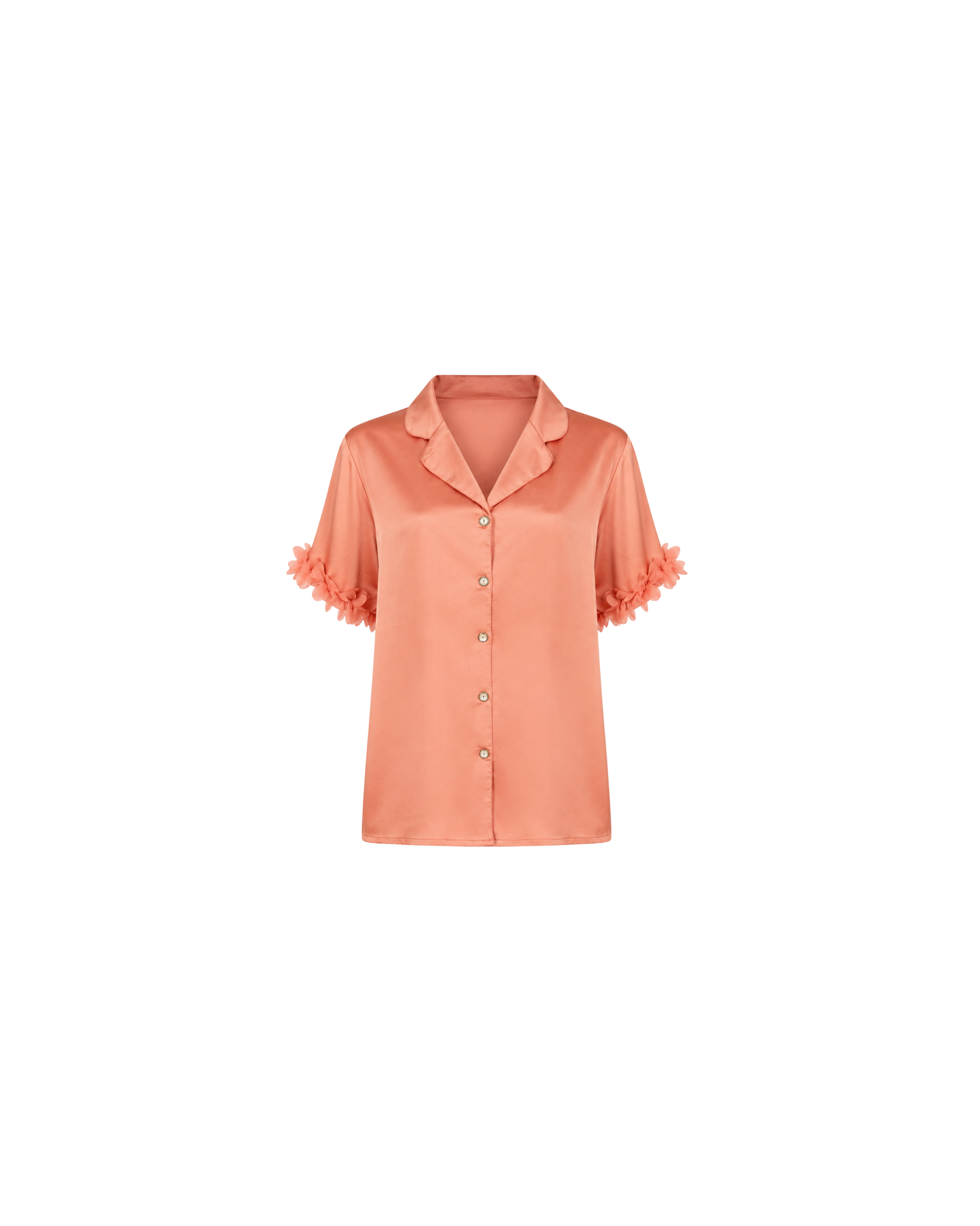Pyjama Satin Saumon Femme – Ensemble Satiné Fluide à Détails Floraux