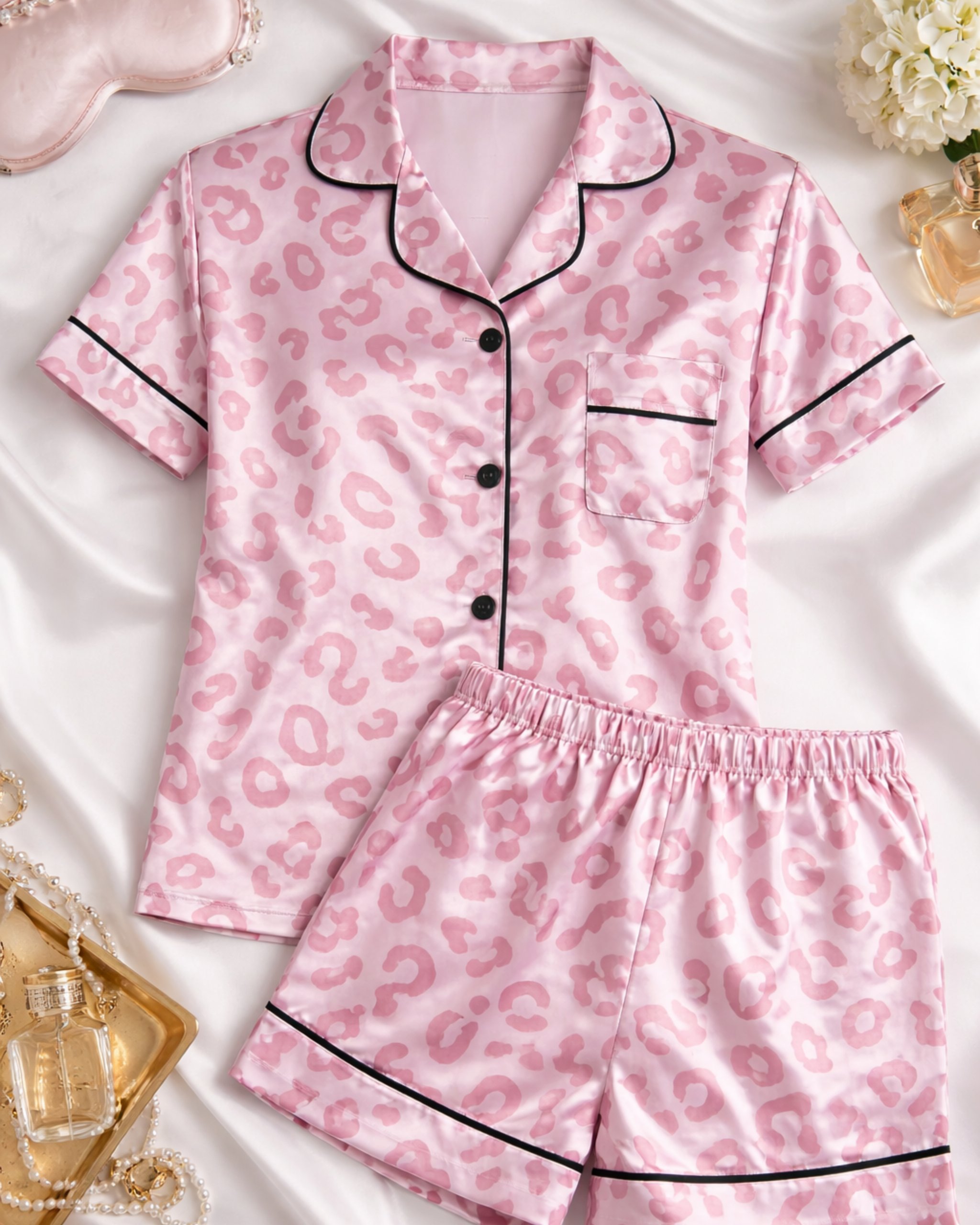 PYJAMA SATIN ROSE IMPRIMÉ LÉOPARD AVEC SHORT