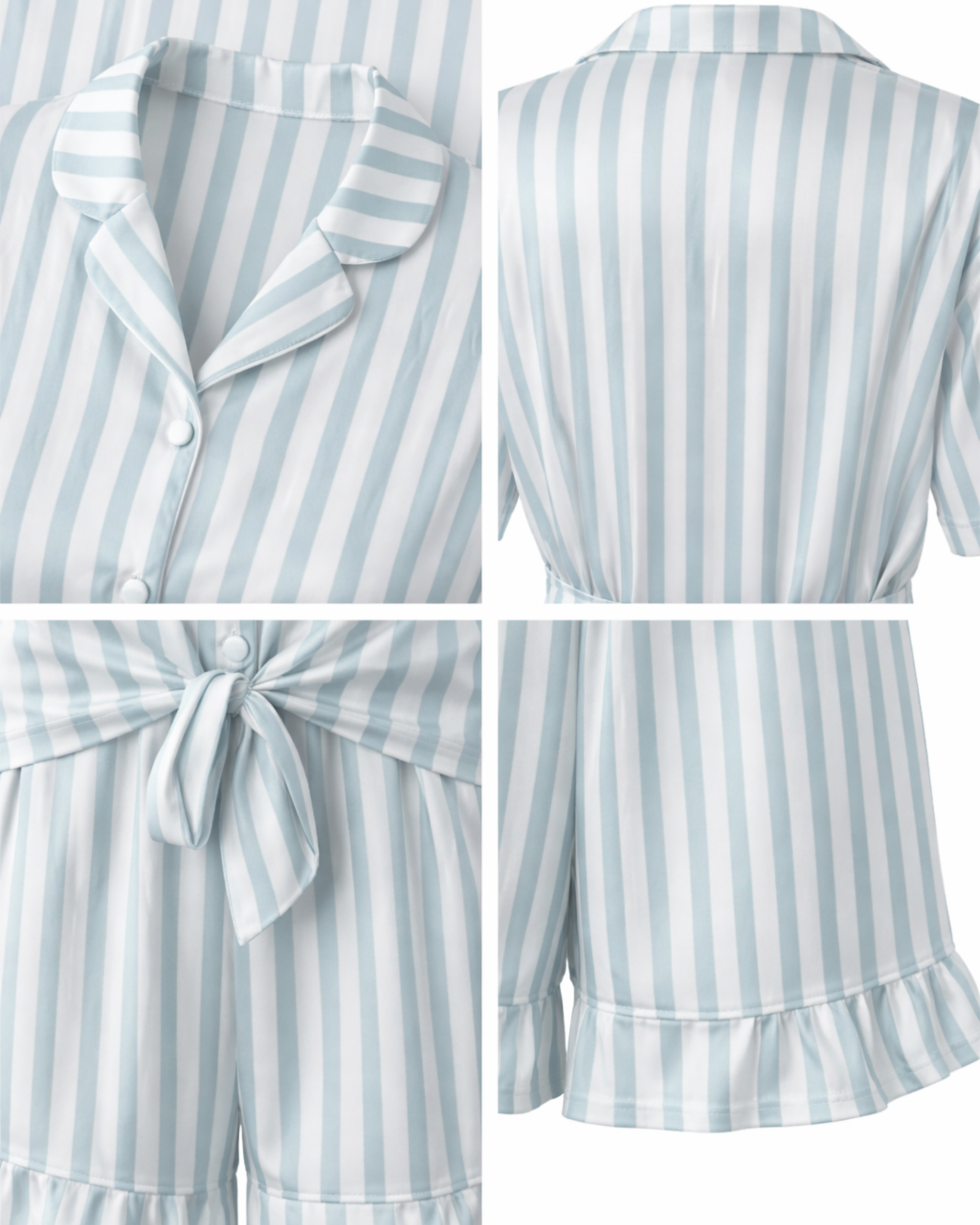 PYJAMA SATIN RAYÉ VERT D’EAU 2 PIÈCES – SHORT À VOLANTS