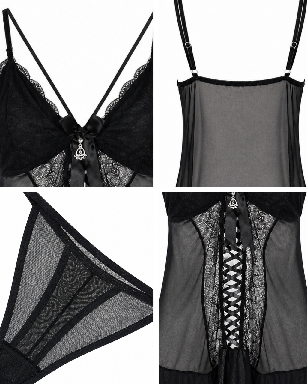 Nuisette Noire Dentelle & Voile — Corset Lacets & String Assorti