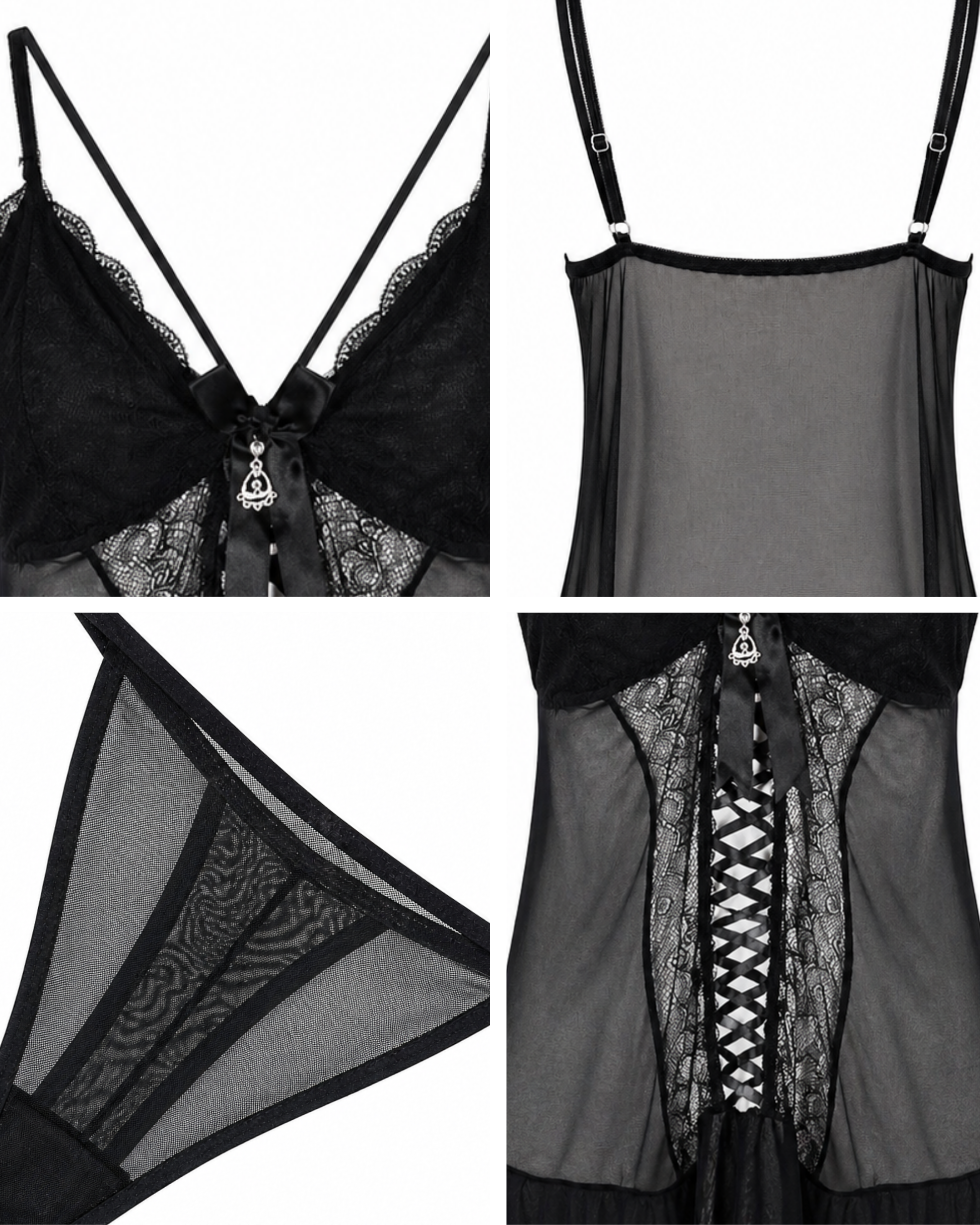 Nuisette Noire Dentelle & Voile — Corset Lacets & String Assorti