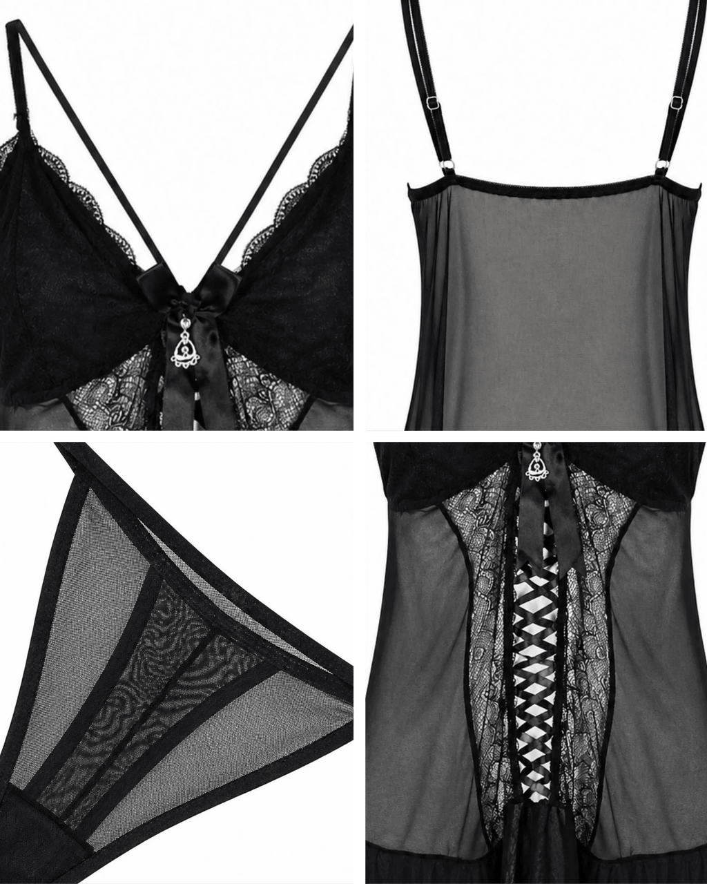 Nuisette Noire Dentelle & Voile — Corset Lacets & String Assorti - La Sprezzatura pyjamas