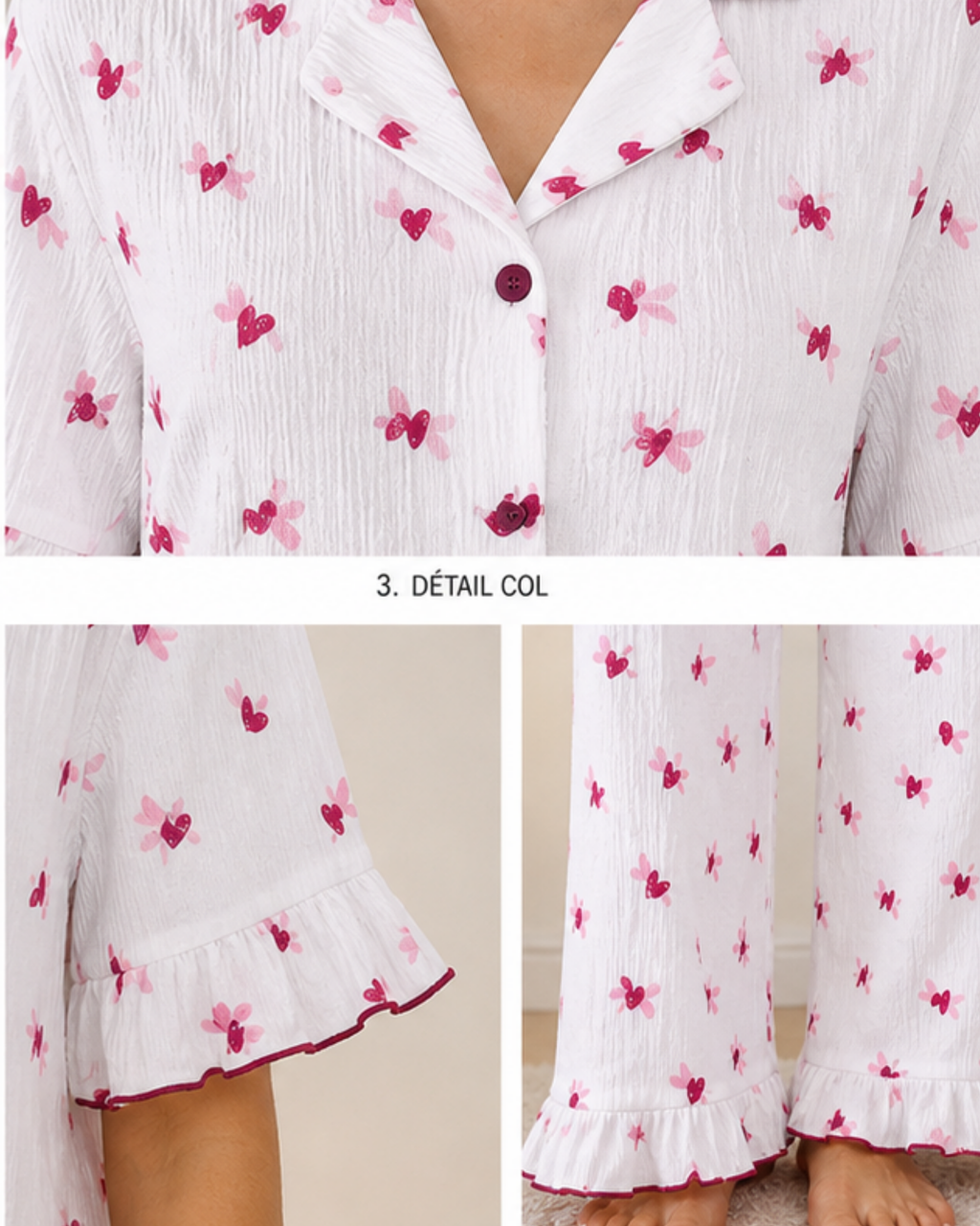 Pyjama Blanc 2 Pièces — Imprimé Cœurs Rose & Fuchsia