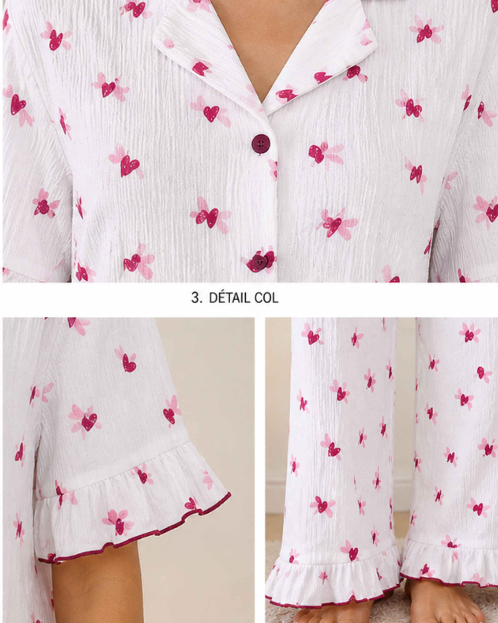 Pyjama Blanc 2 Pièces — Imprimé Cœurs Rose & Fuchsia