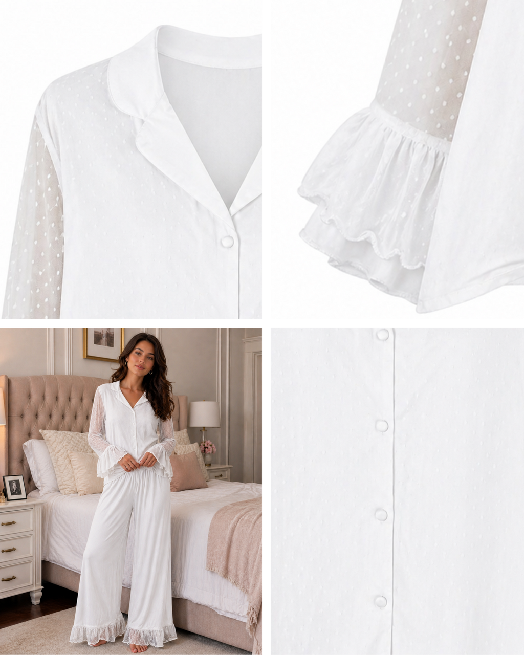 Pyjama Satin Blanc 2 Pièces — Chemise Transparente & Pantalon Volants