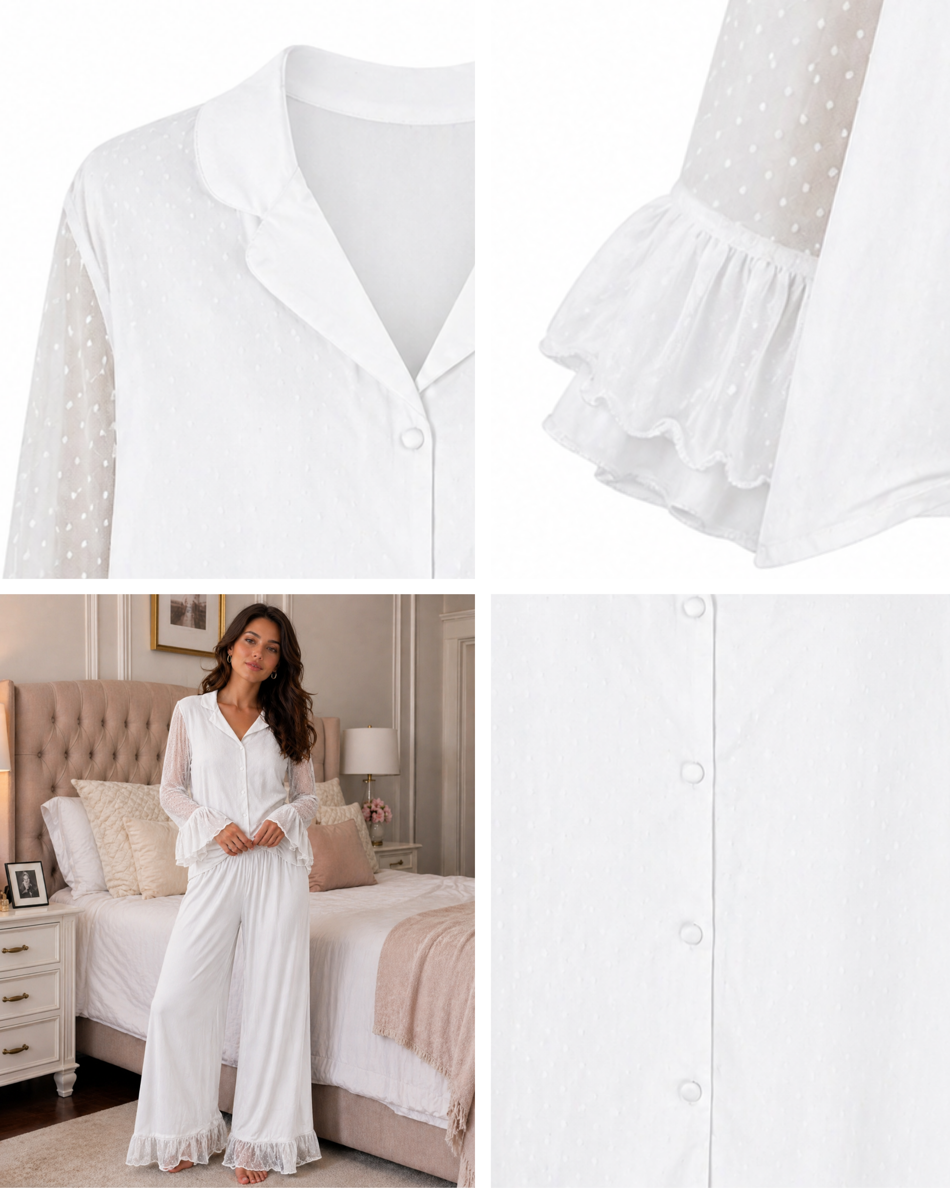 Pyjama Satin Blanc 2 Pièces — Chemise Transparente & Pantalon Volants