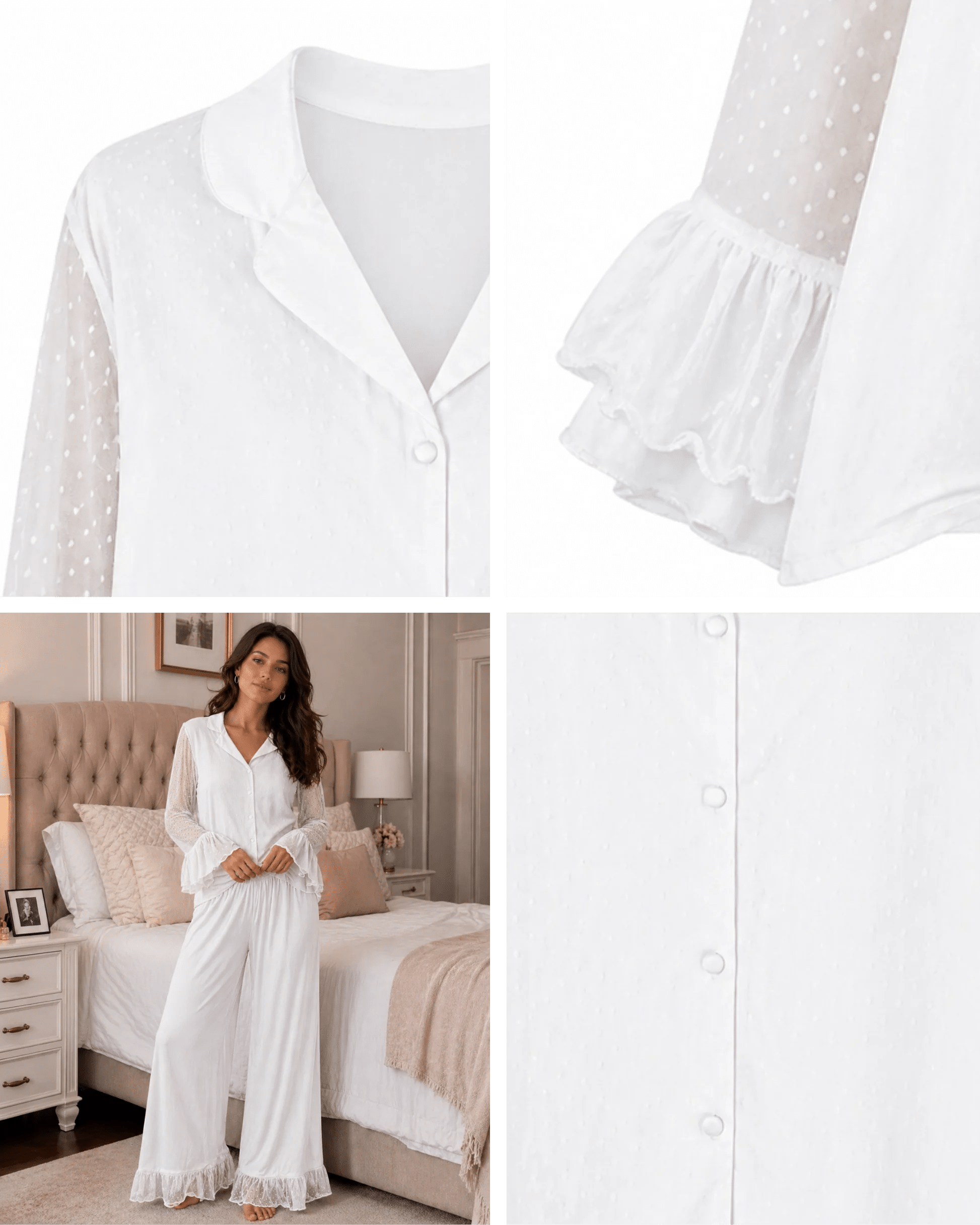 Pyjama Satin Blanc 2 Pièces — Chemise Transparente & Pantalon Volants - La Sprezzatura pyjamas
