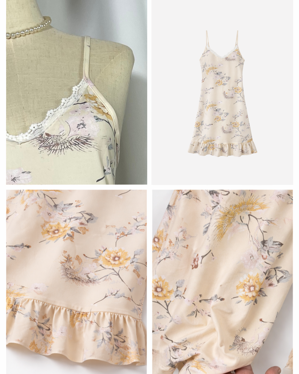 Détails nuisette satin florale crème dentelle col volant tissu satiné
