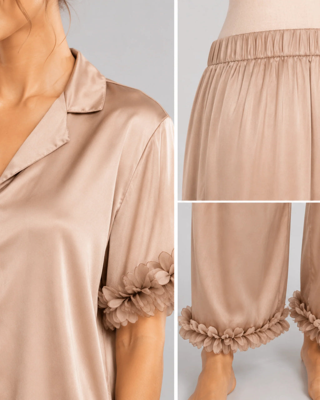 Pyjama Satin Beige Rosé à Détails Floraux - La Sprezzatura pyjamas