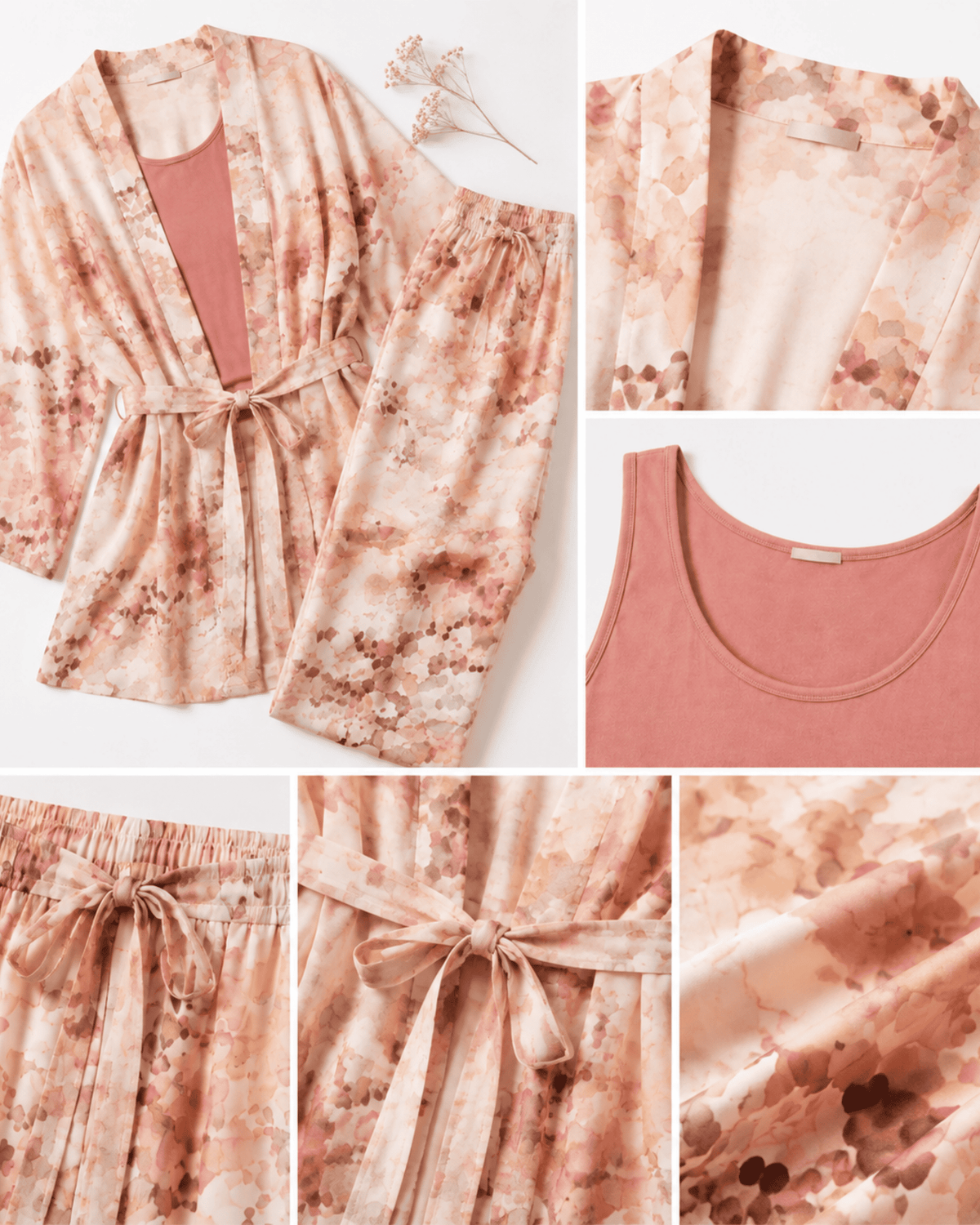 Ensemble 3 Pièces Aquarelle Rose – Kimono, Pantalon & Débardeur - La Sprezzatura pyjamas