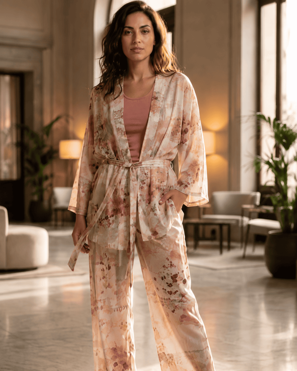 Ensemble 3 Pièces Aquarelle Rose – Kimono, Pantalon & Débardeur - La Sprezzatura pyjamas