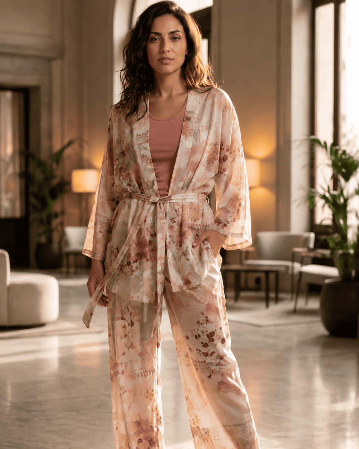 Ensemble 3 Pièces Aquarelle Rose – Kimono, Pantalon & Débardeur - La Sprezzatura pyjamas