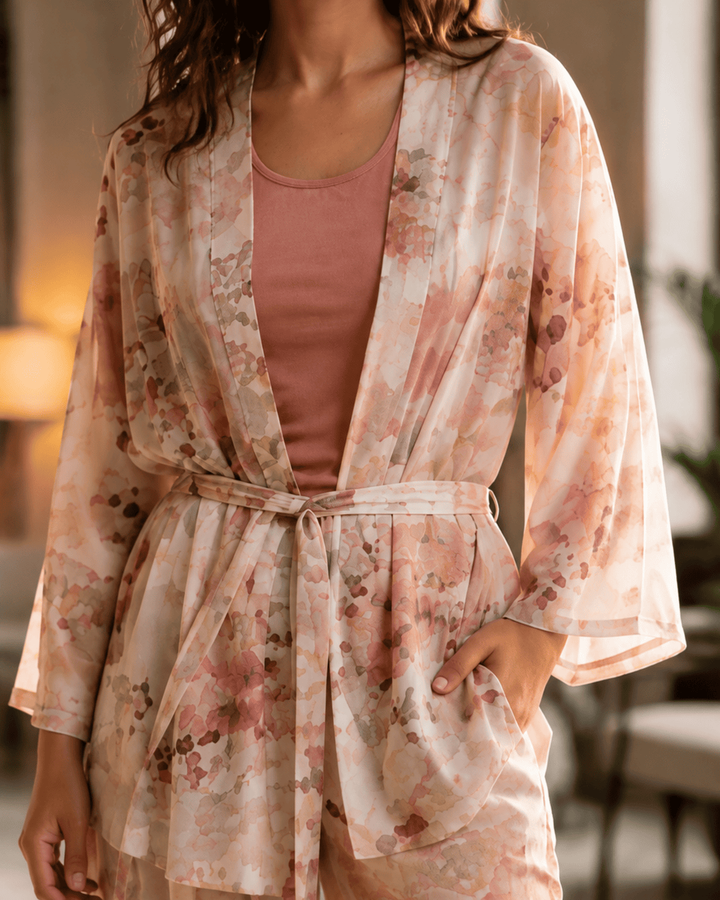 Ensemble 3 Pièces Aquarelle Rose – Kimono, Pantalon & Débardeur - La Sprezzatura pyjamas