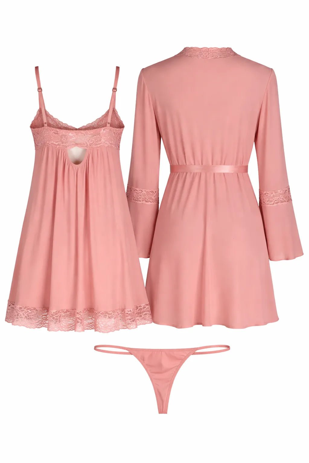 Ensemble 3 Pièces Nuisette, Kimono et String – Rose Poudré - La Sprezzatura pyjamas