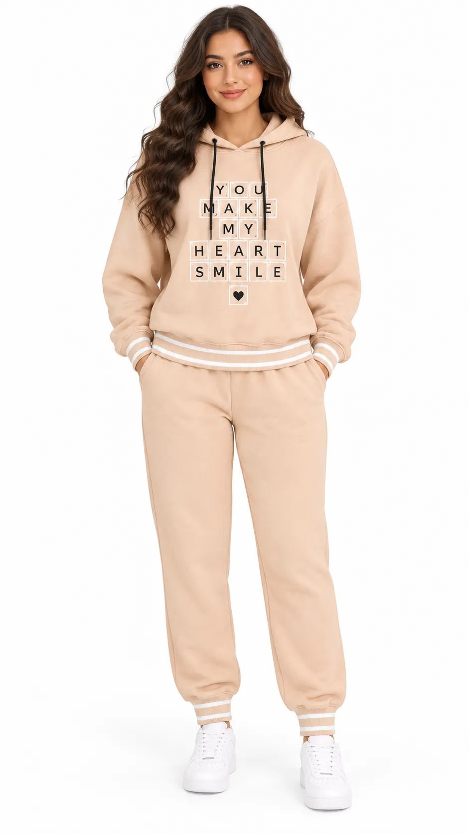Ensemble Jogging Femme Beige Sable à Capuche Heart Smile - La Sprezzatura pyjamas