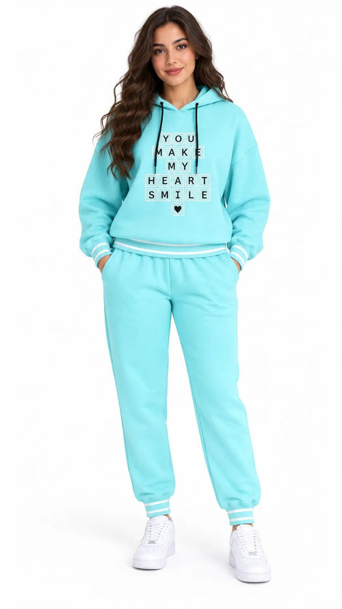 Ensemble Jogging Femme Bleu Turquoise à Capuche Heart Smile - La Sprezzatura pyjamas