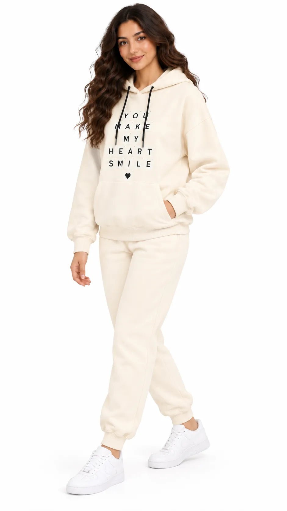 Ensemble Jogging Femme Écru à Capuche Heart Smile - La Sprezzatura pyjamas