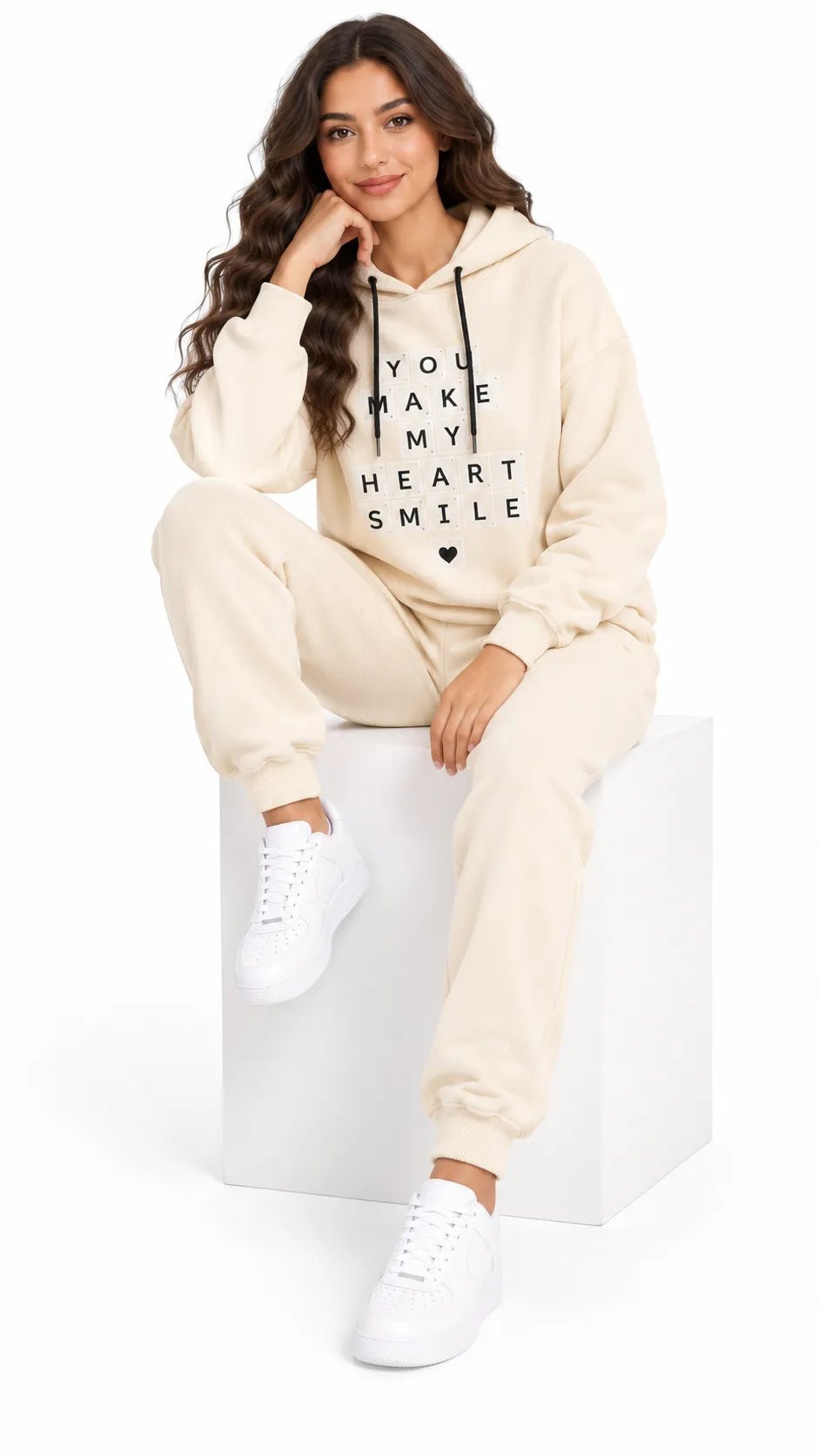 Ensemble Jogging Femme Écru à Capuche Heart Smile - La Sprezzatura pyjamas