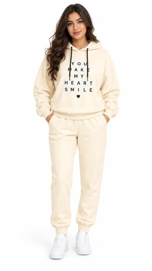 Ensemble Jogging Femme Écru à Capuche Heart Smile - La Sprezzatura pyjamas
