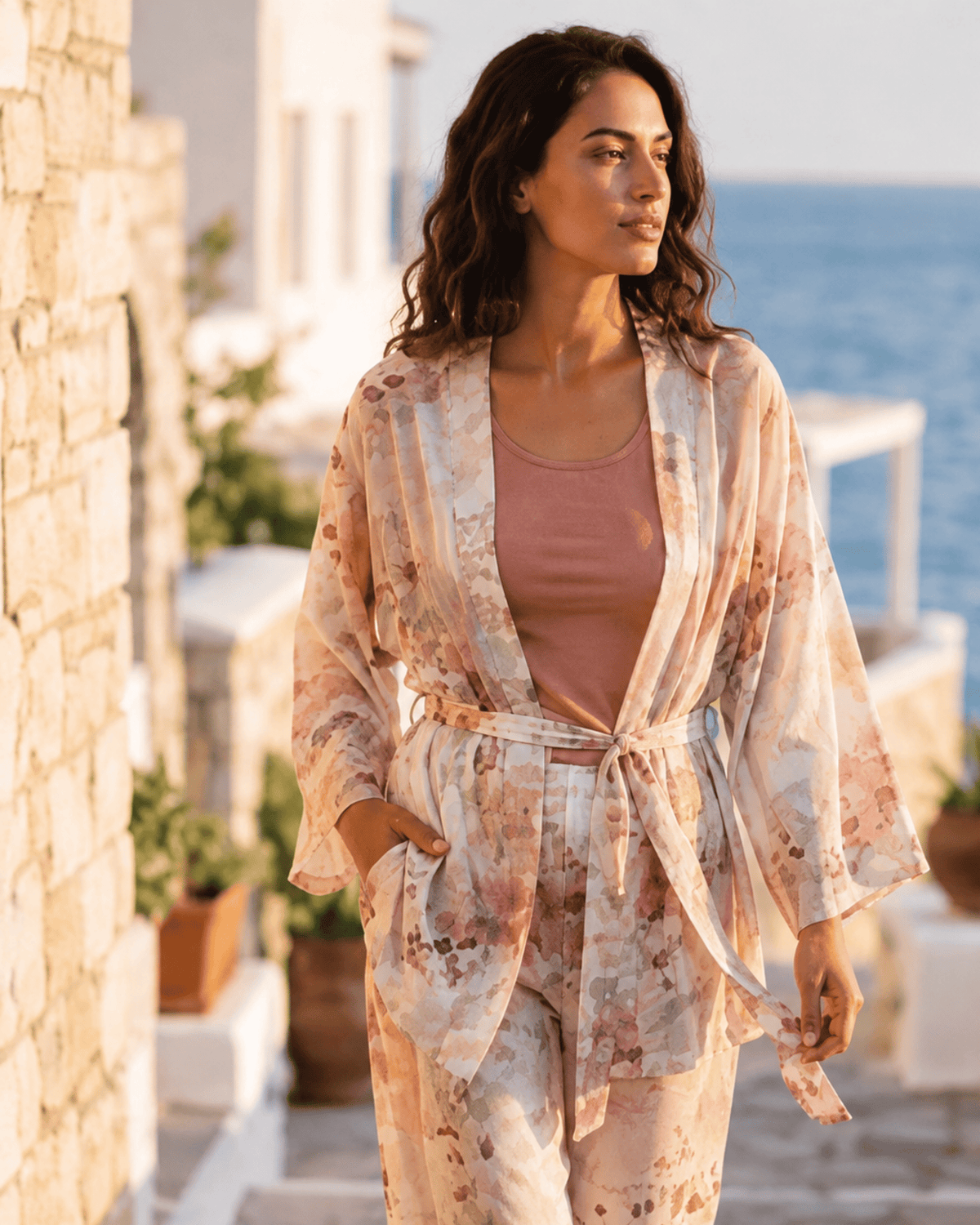 Ensemble 3 Pièces Aquarelle Rose – Kimono, Pantalon & Débardeur - La Sprezzatura pyjamas