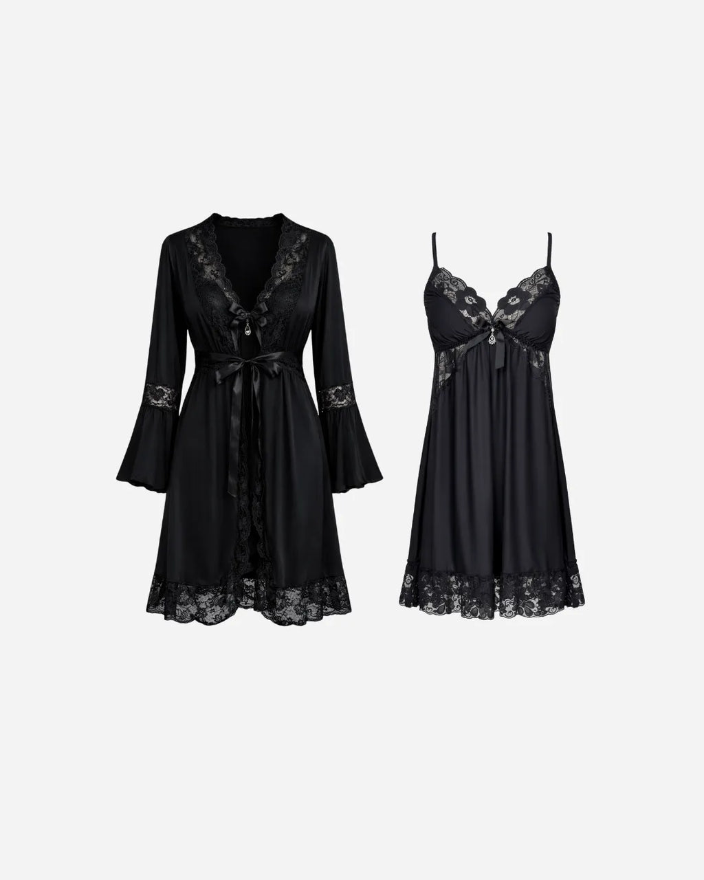 Ensemble 3 Pièces Nuisette, Kimono et String – Noir en Dentelle Florale - La Sprezzatura pyjamas