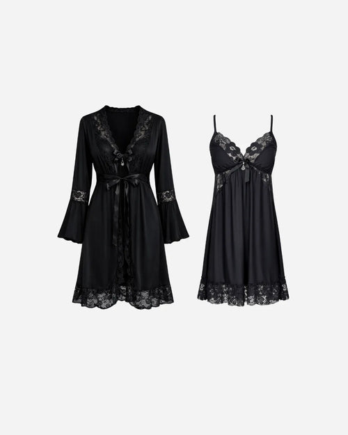 Ensemble 3 Pièces Nuisette, Kimono et String – Noir en Dentelle Florale - La Sprezzatura pyjamas