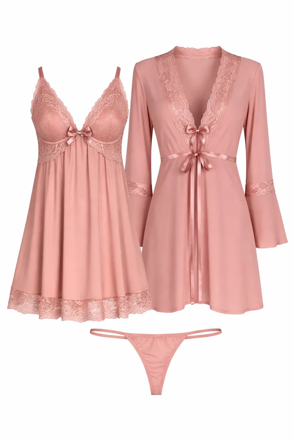Ensemble 3 Pièces Nuisette, Kimono et String – Rose Poudré - La Sprezzatura pyjamas