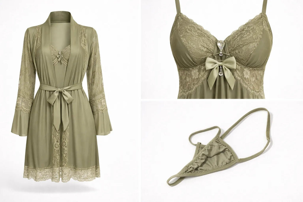 Ensemble 3 Pièces Nuisette, Kimono et String – Vert Sauge - La Sprezzatura pyjamas