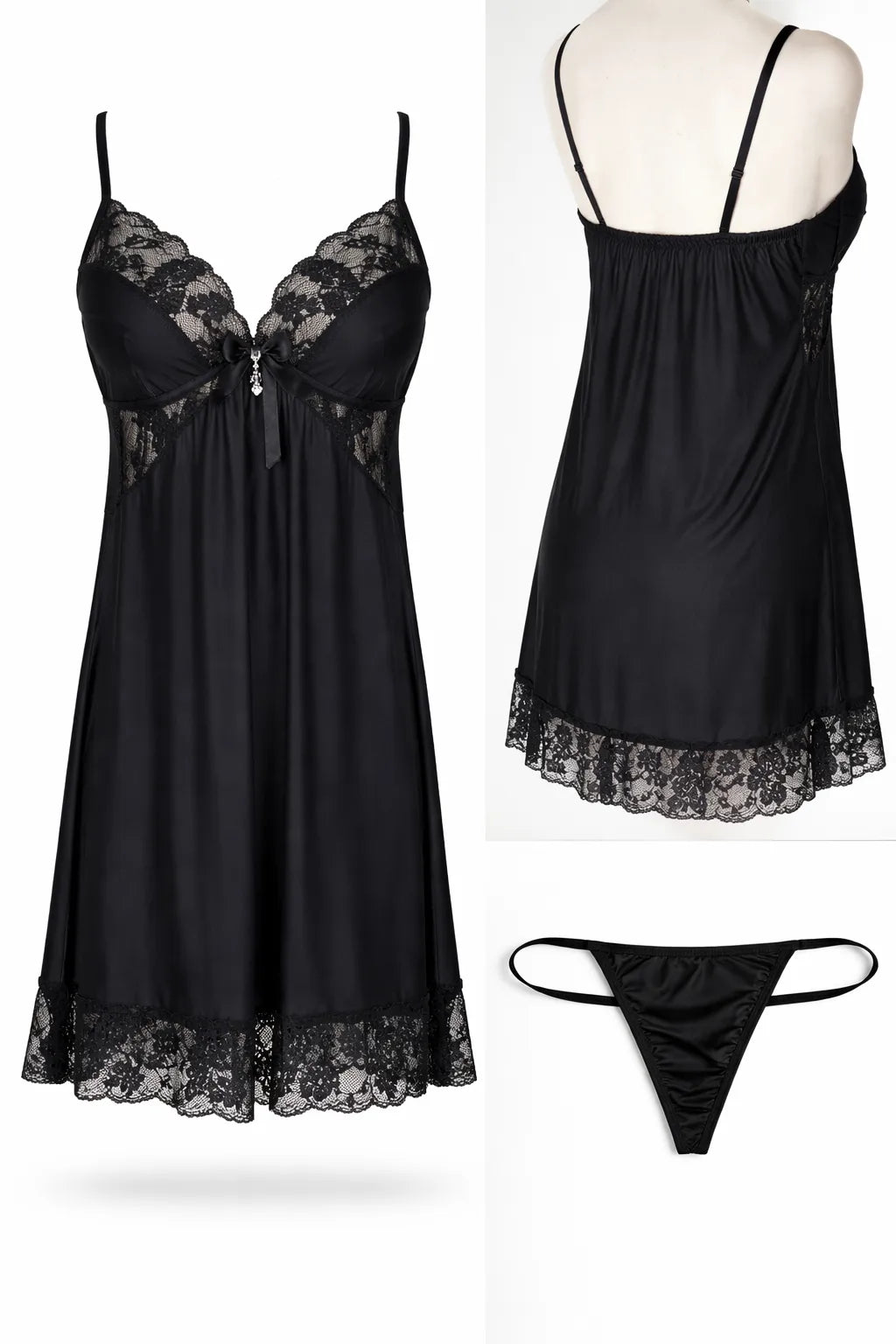 Nuisette Noire en Dentelle Florale avec String Assorti - La Sprezzatura pyjamas
