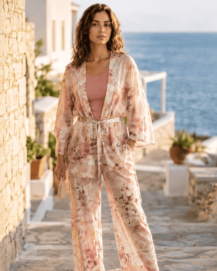 Ensemble 3 Pièces Aquarelle Rose – Kimono, Pantalon & Débardeur