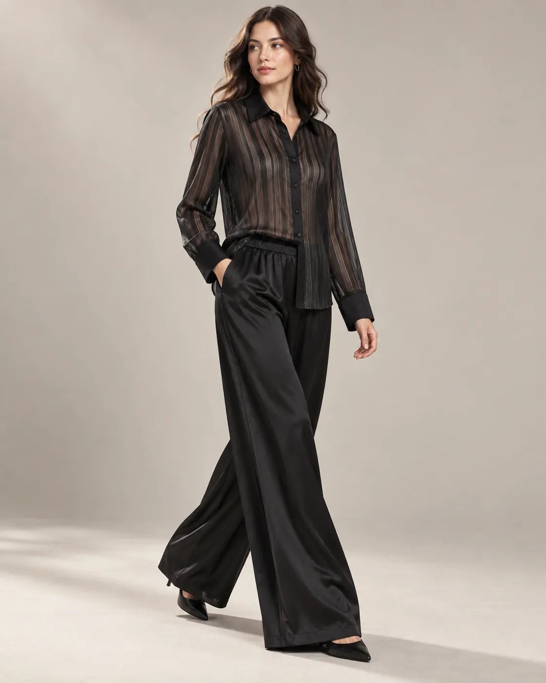 Pyjama Femme Noir Satin – Chemise Transparente & Pantalon Large - La Sprezzatura pyjamas