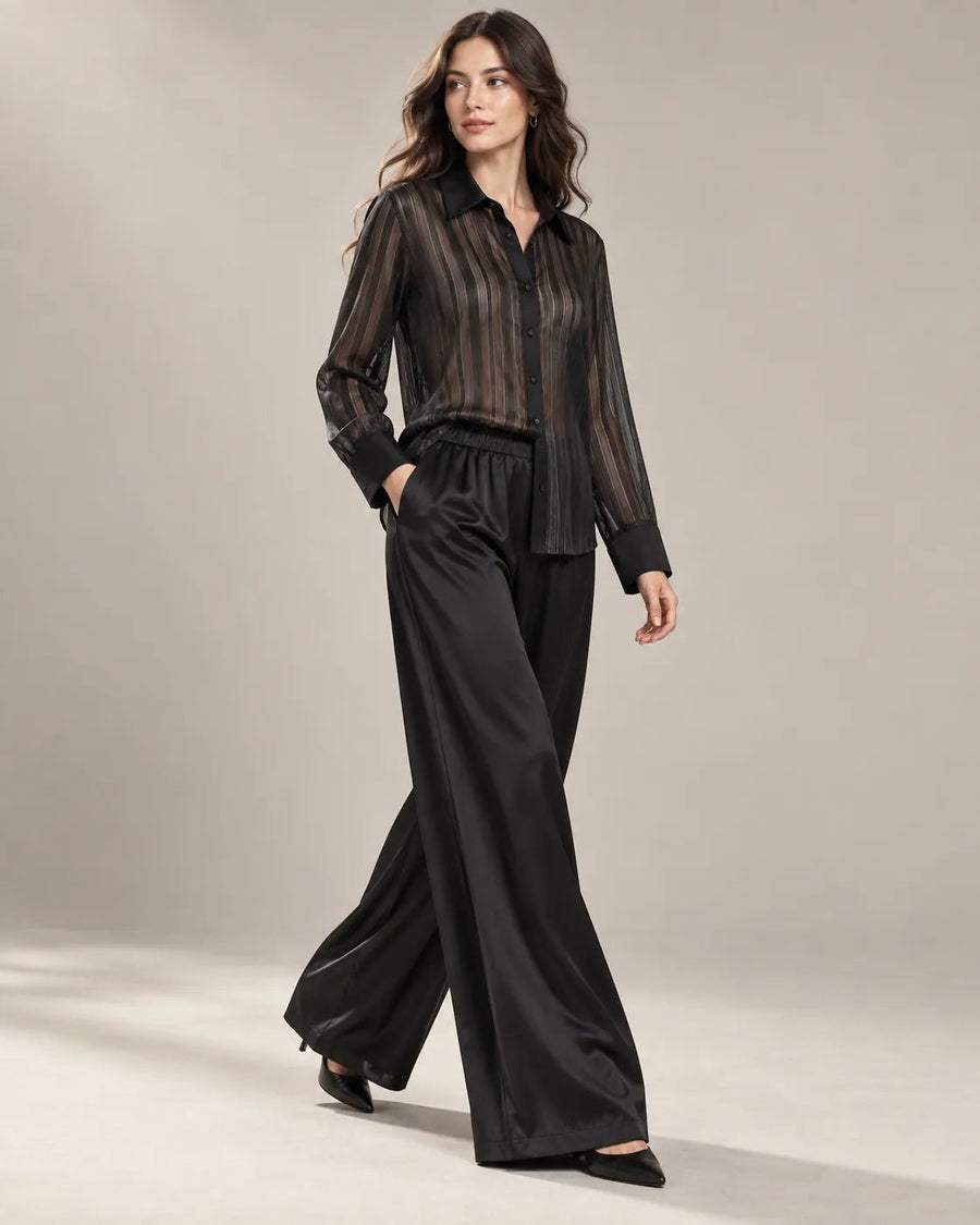 Pyjama Femme Noir Satin – Chemise Transparente & Pantalon Large