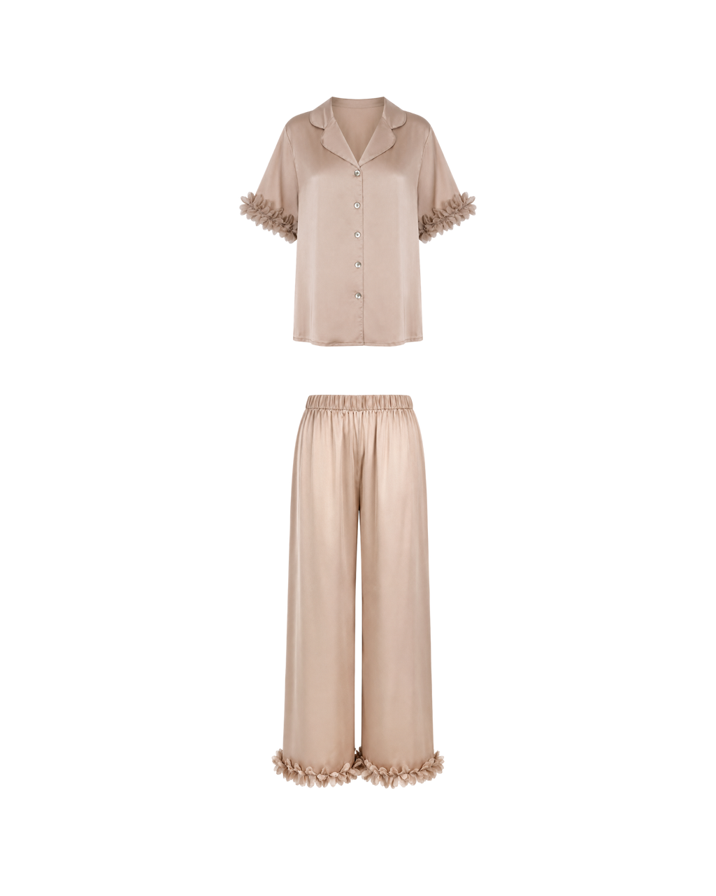 Pyjama Satin Beige Rosé à Détails Floraux