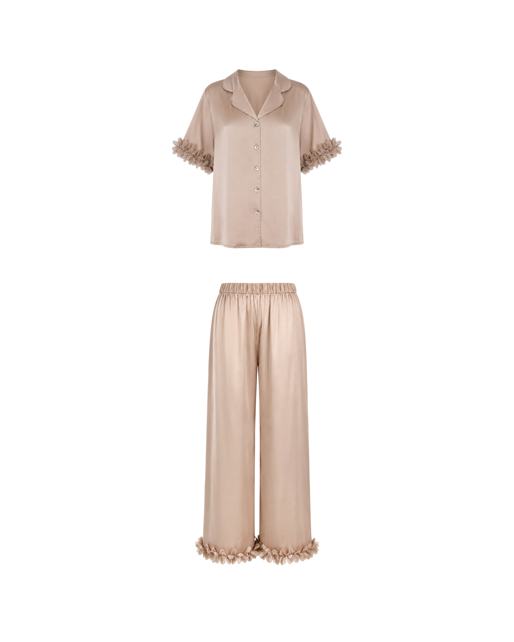 Pyjama Satin Beige Rosé à Détails Floraux