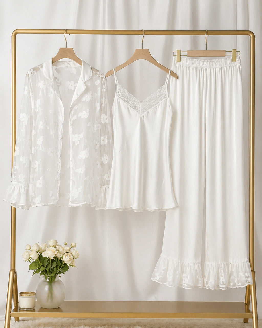 PYJAMA SATIN BLANC FLEURI 3 PIÈCES ÉLGANCE LUXE - La Sprezzatura pyjamas
