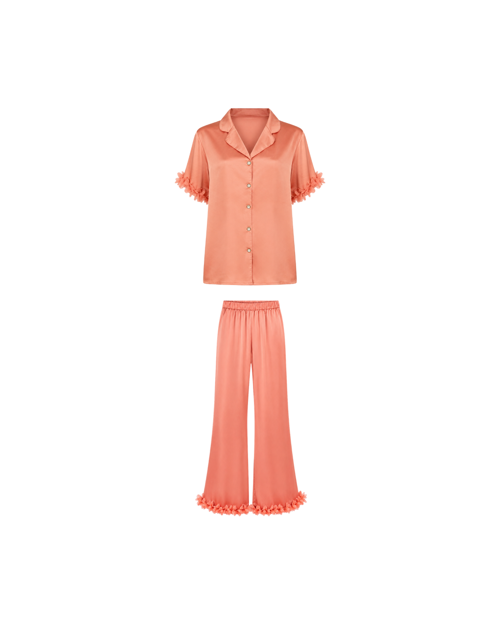 Pyjama Satin Saumon Femme – Ensemble Satiné Fluide à Détails Floraux