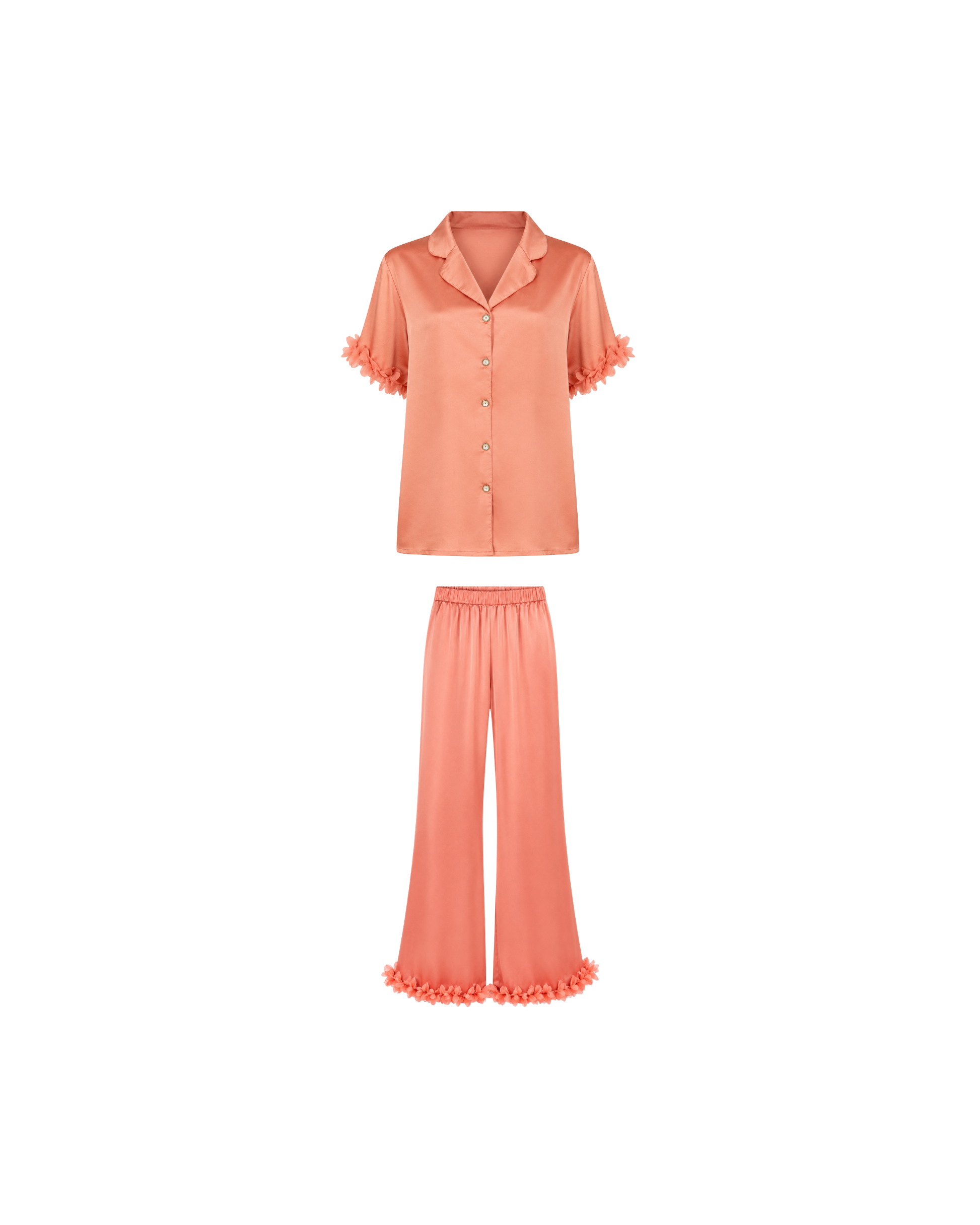 Pyjama Satin Saumon Femme – Ensemble Satiné Fluide à Détails Floraux