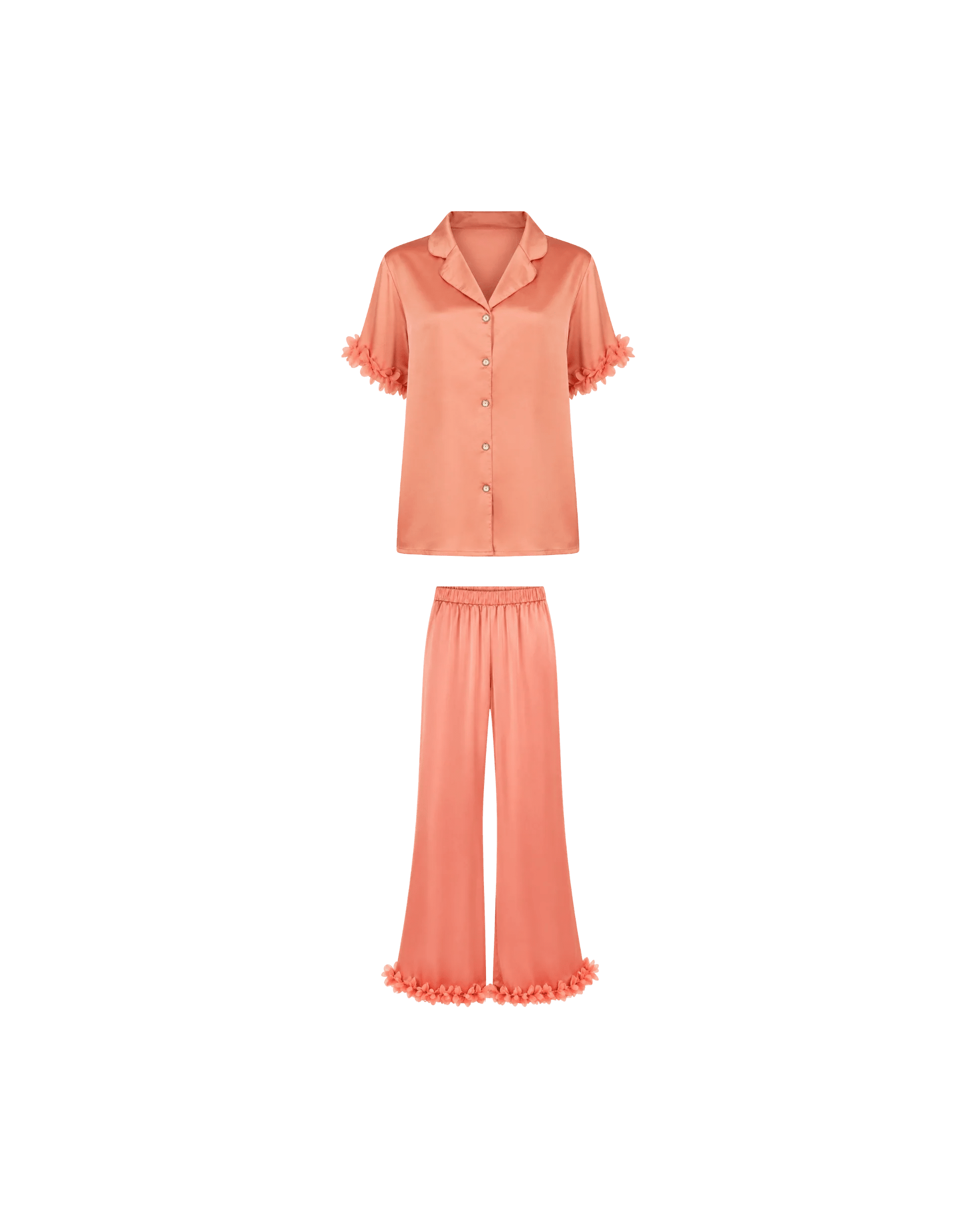 Pyjama Satin Saumon Femme – Ensemble Satiné Fluide à Détails Floraux - La Sprezzatura pyjamas