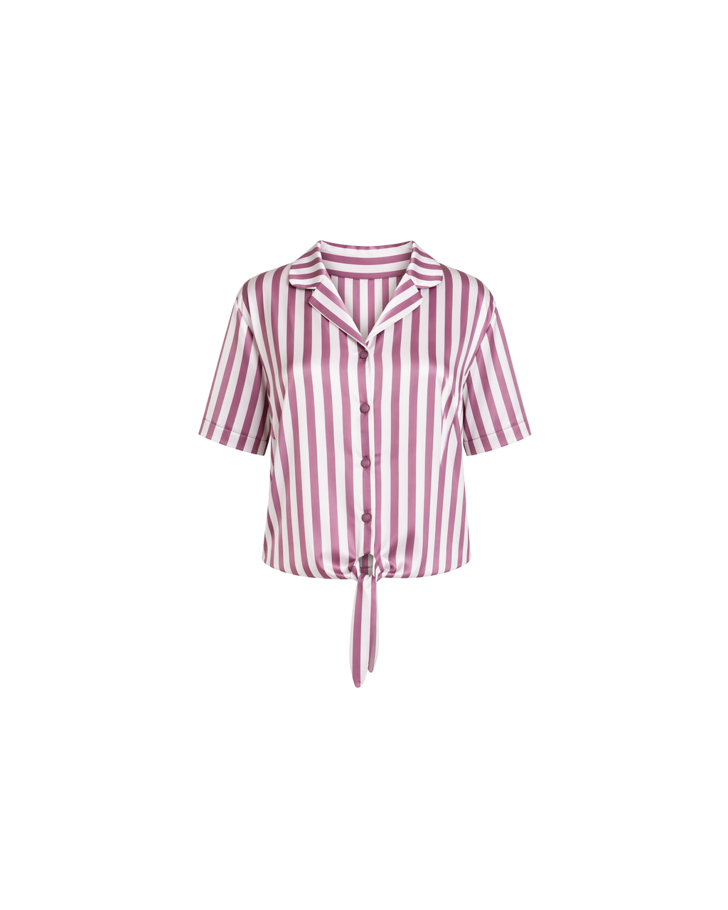 Haut pyjama satin rayé rose et blanc manches courtes col chemise