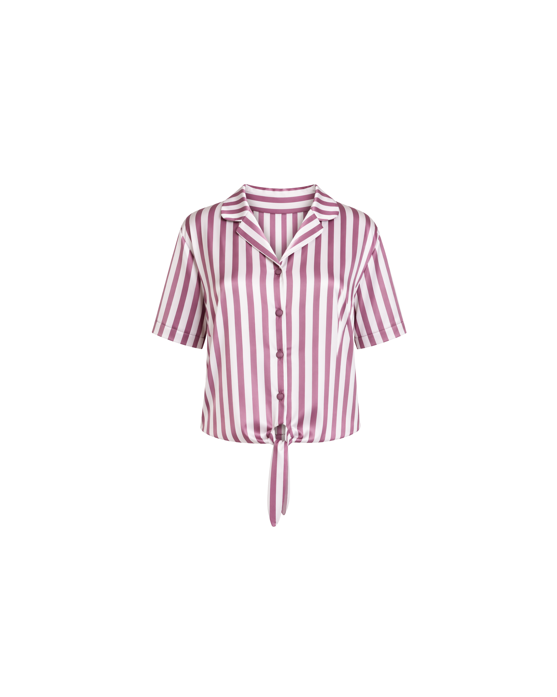 Haut pyjama satin rayé rose et blanc manches courtes col chemise