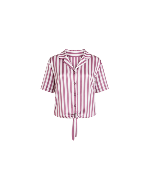 Haut pyjama satin rayé rose et blanc manches courtes col chemise
