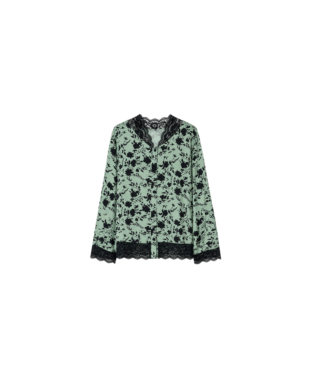 PYJAMA SATIN VERT FLEURI & DENTELLE – ENSEMBLE 2 PIÈCES FEMME