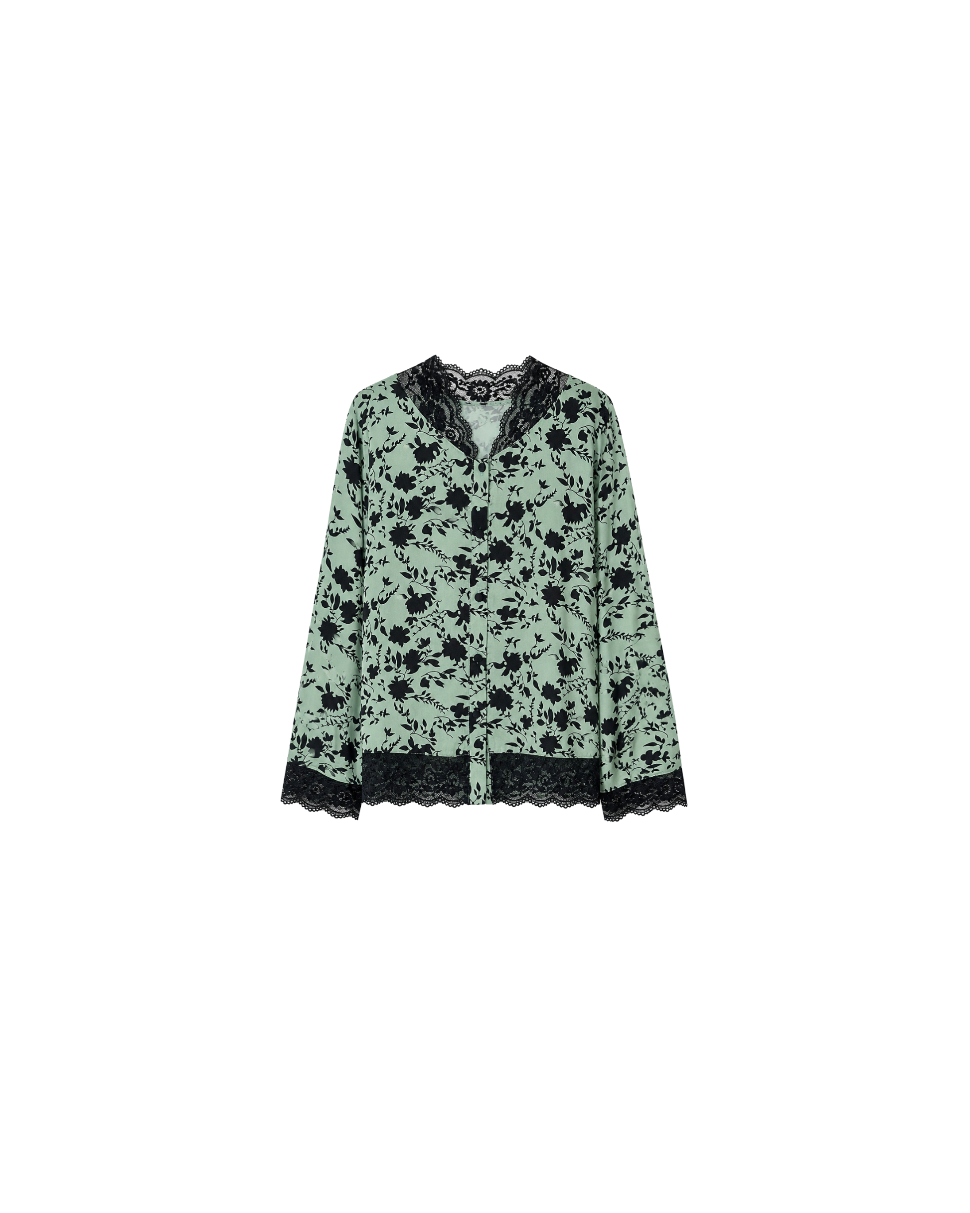 PYJAMA SATIN VERT FLEURI & DENTELLE – ENSEMBLE 2 PIÈCES FEMME