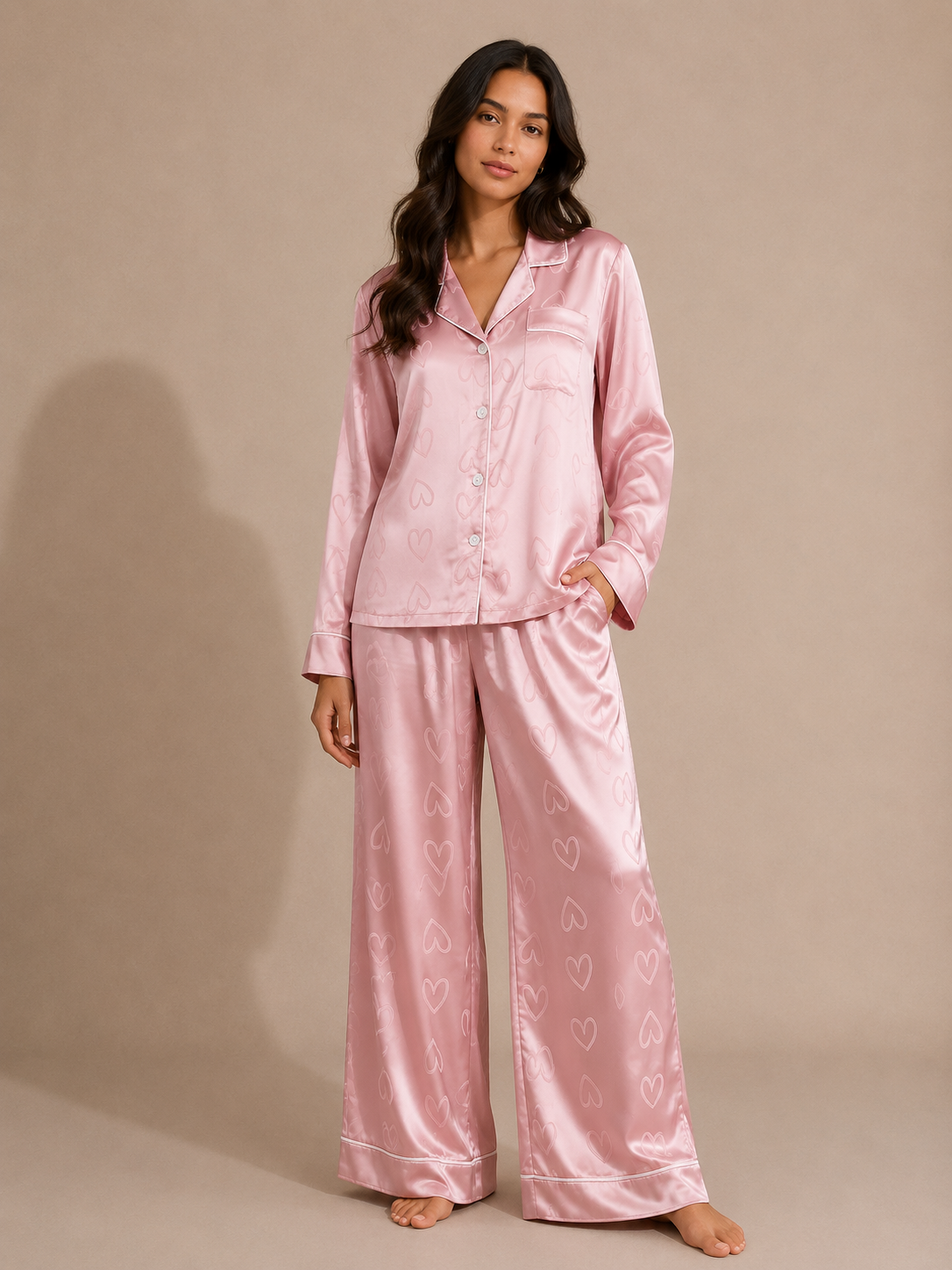 PYJAMA SATIN ROSE CŒURS – ENSEMBLE LONG FEMME