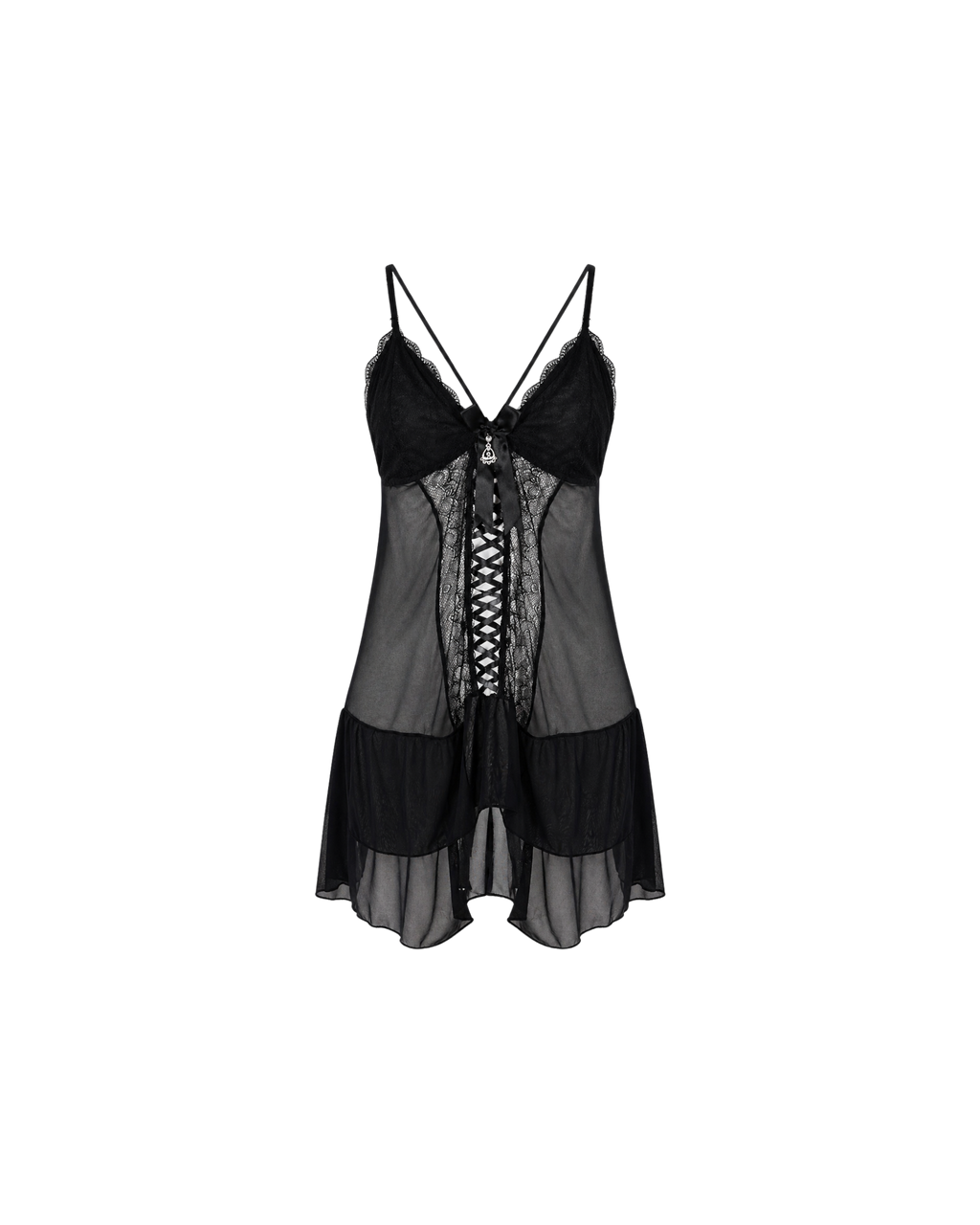 Nuisette Noire Dentelle & Voile — Corset Lacets & String Assorti